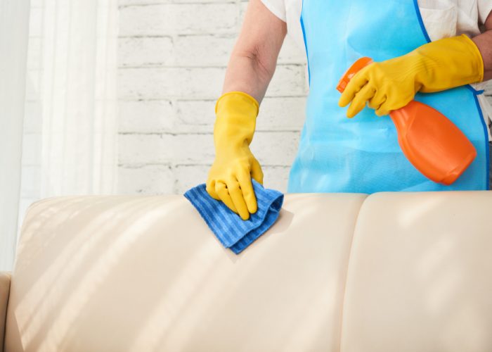 mid-section-unrecognizable-housekeeper-wiping-leather-sofa-with-leather-polish-spray